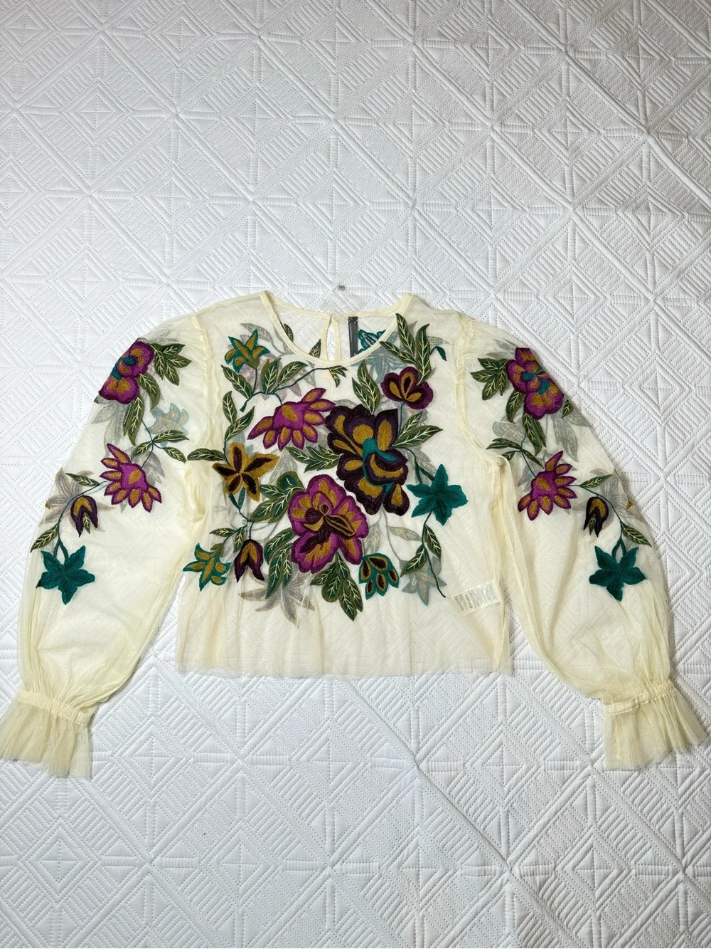 Anthropologie The Layla Floral Mesh Puff-Sleeve Appliqué Mesh Blouse Size XL